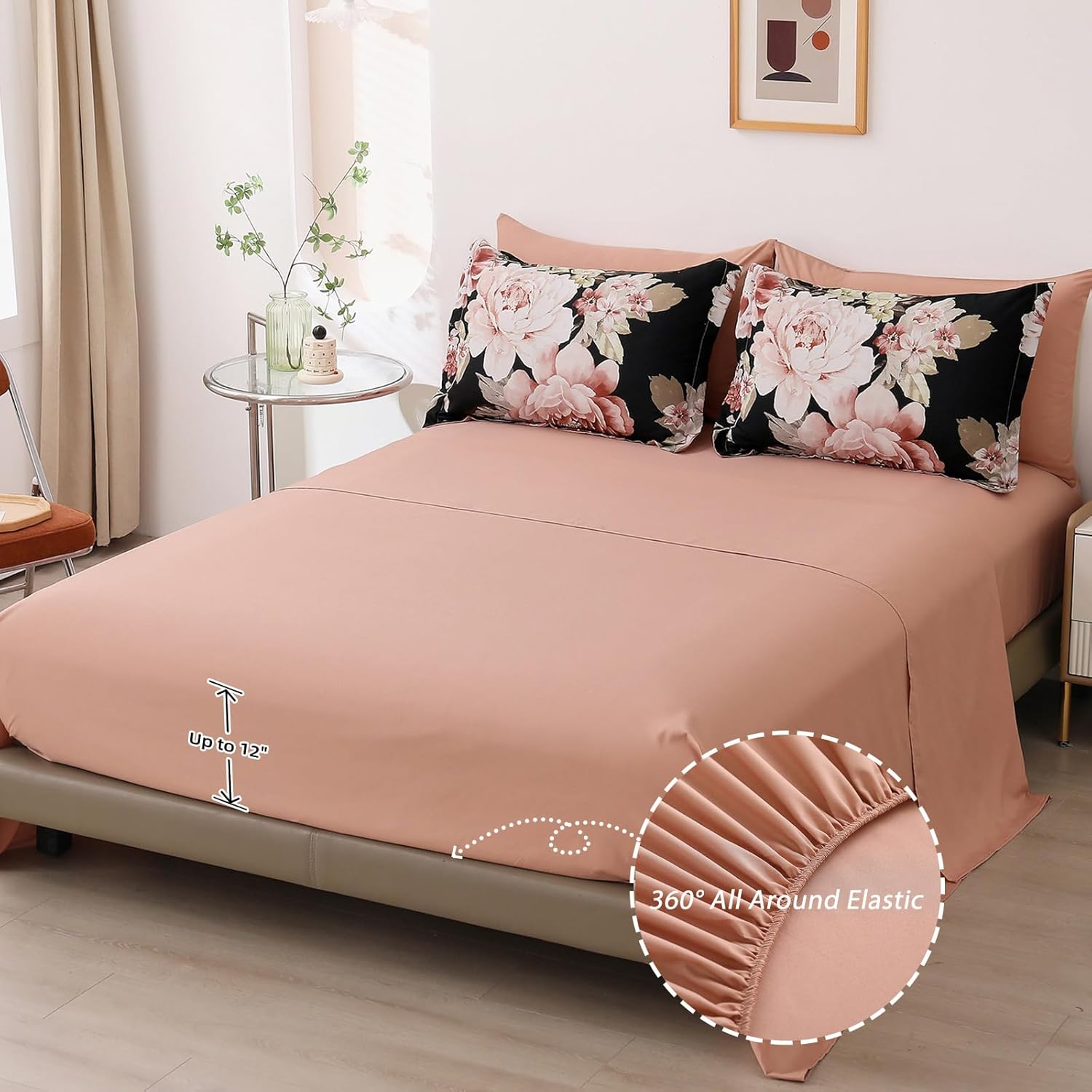 Dintszyayue 7-Piece King Comforter Set with Pink Floral Pattern