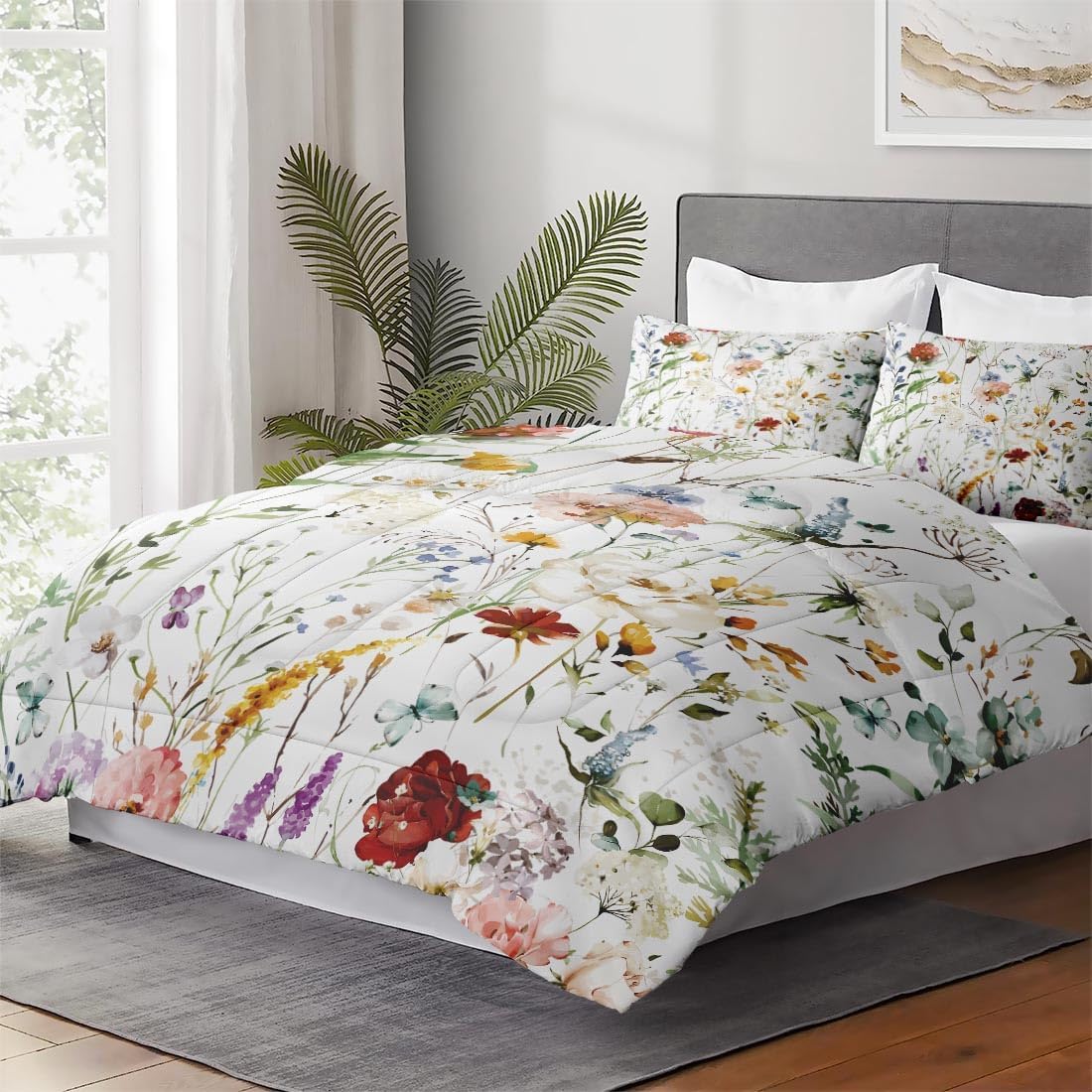 WeCozy Queen Comforter Set with 2 Pillowcases Wildflower Design