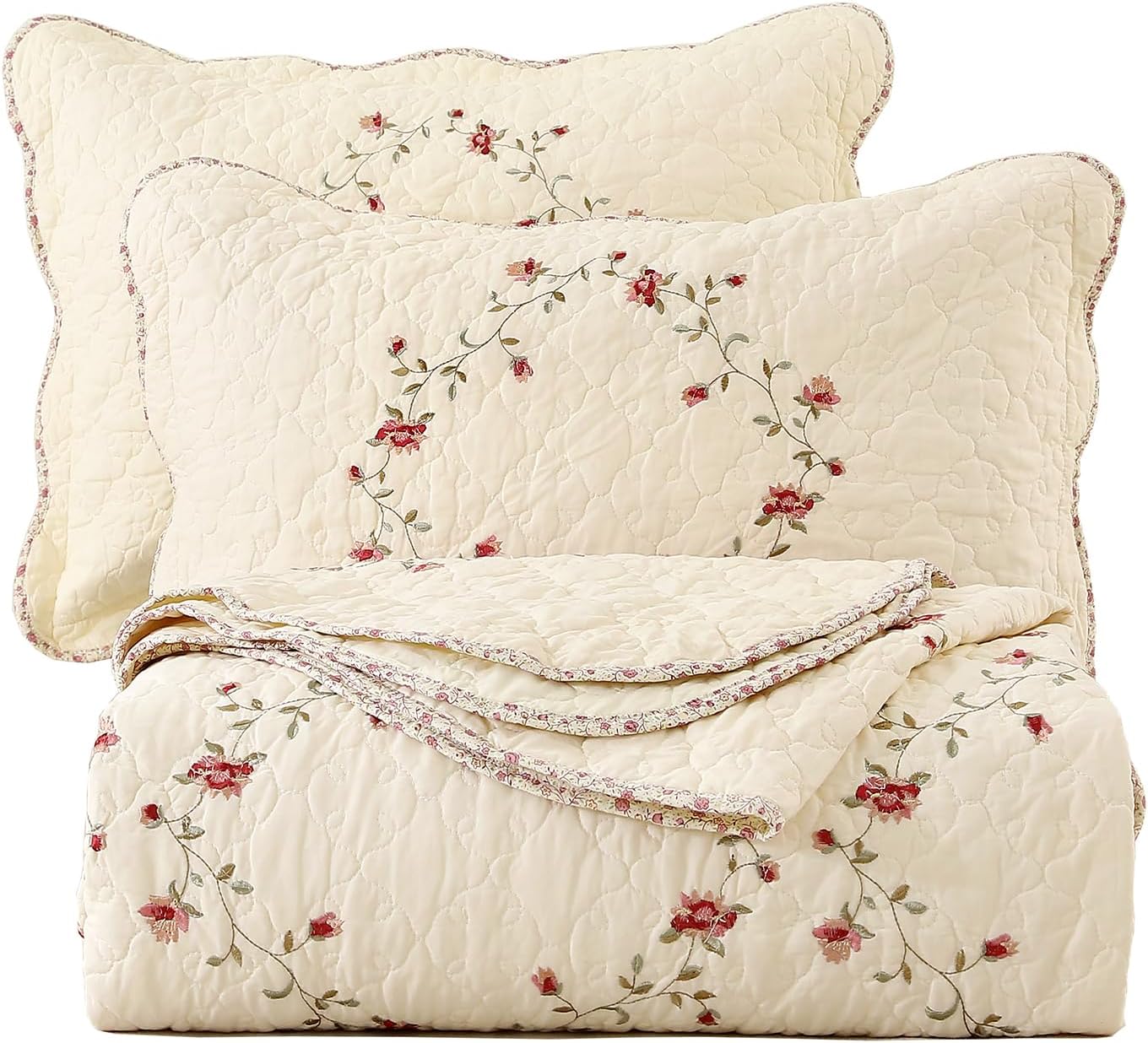 Vctops 3-Piece Floral Embroidered Quilt Set