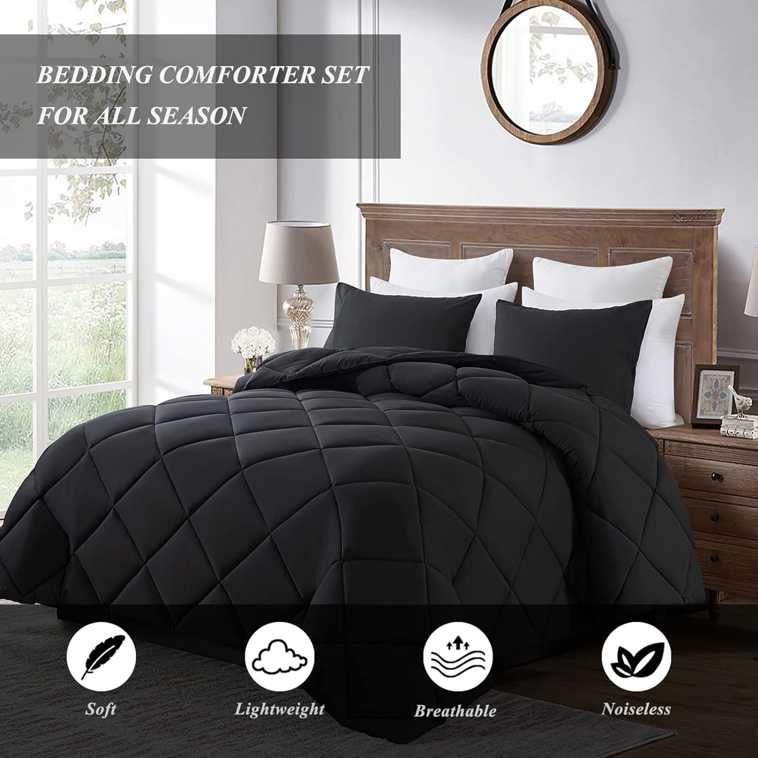 ELNIDO QUEEN Black Queen Comforter Set 3 Pieces