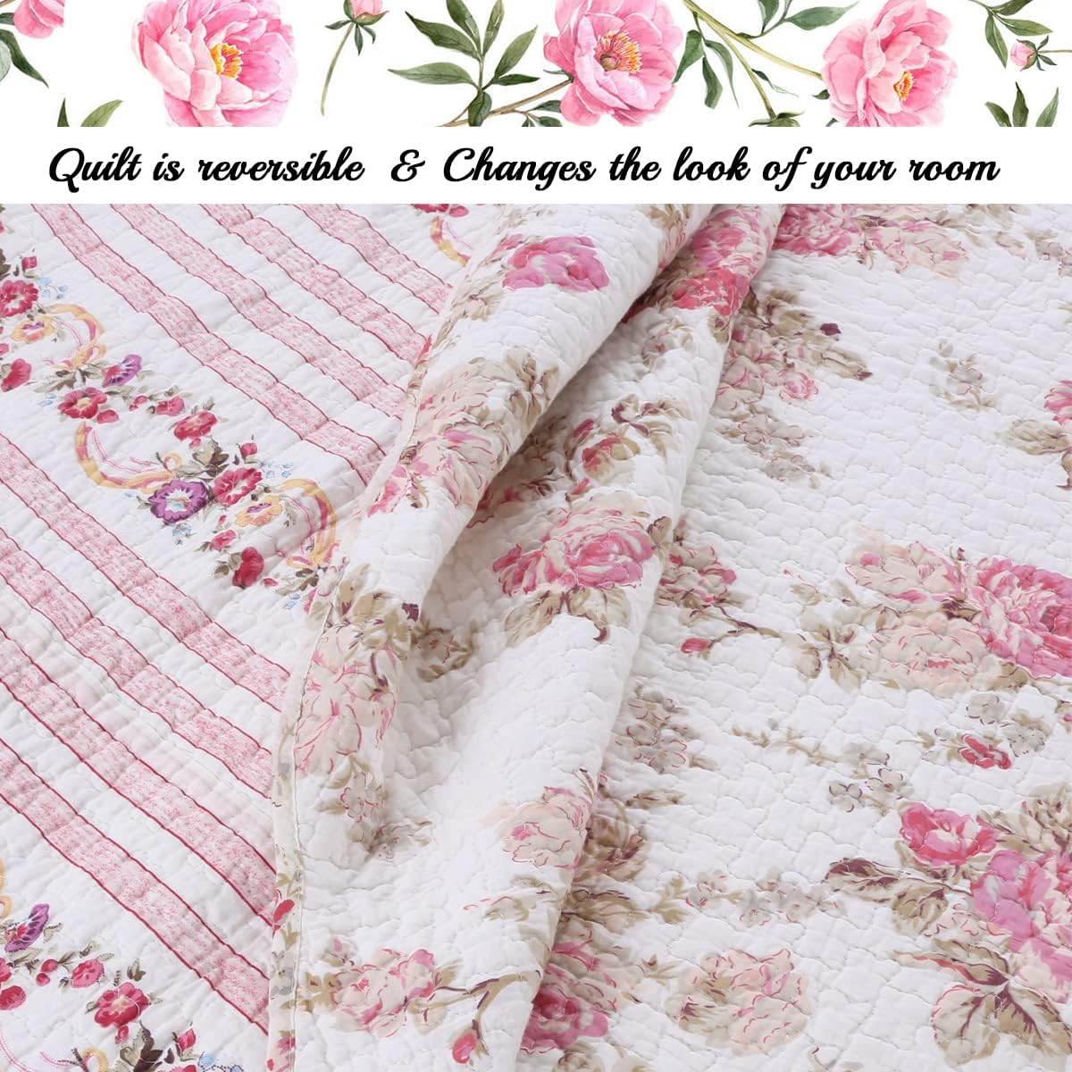 Cozy Line Romantic Pink Peony Reversible Quilt Set