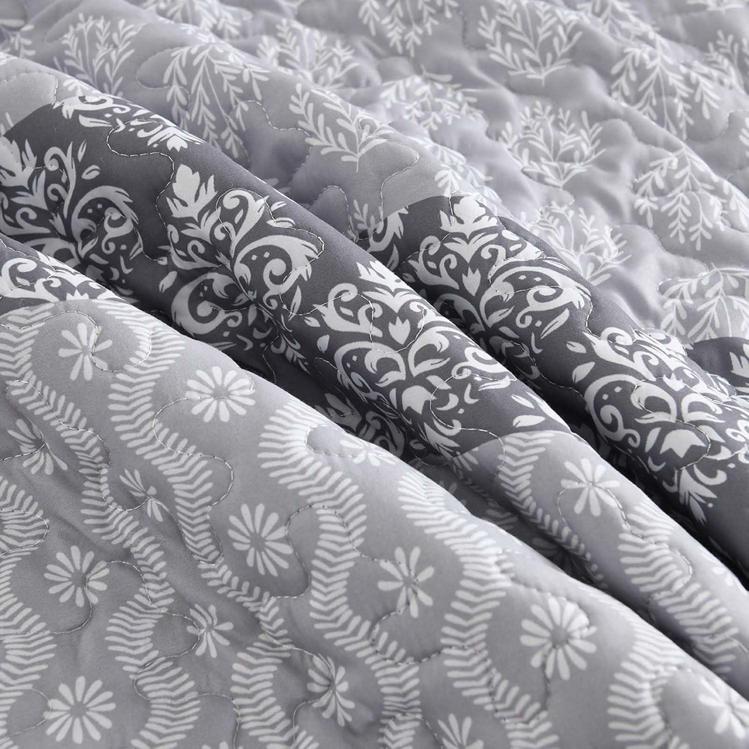 Boho Quilt Set Full Size Gray Striped Bedding 3 Pieces