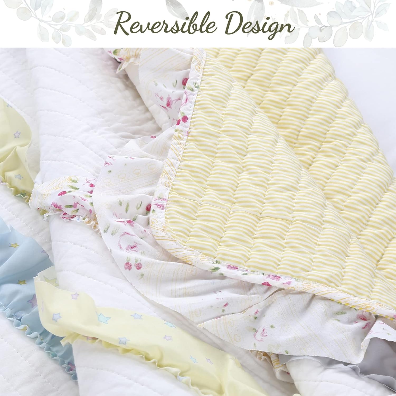 Cozy Line Light Yellow Blue Ruffle Stripe Quilt Bedding Set Queen 3 Piece