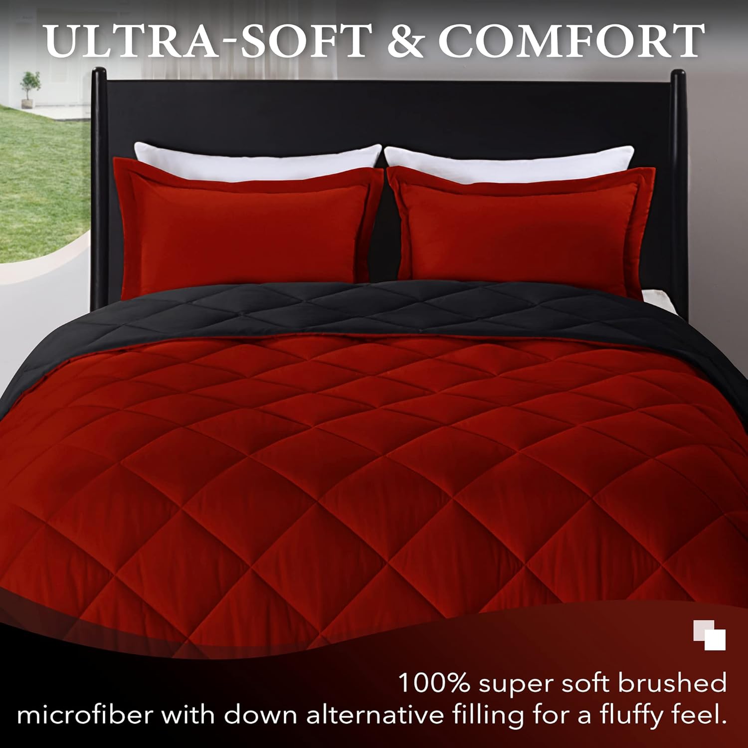 Downluxe King Size Comforter Set - Red and Black 3 Piece