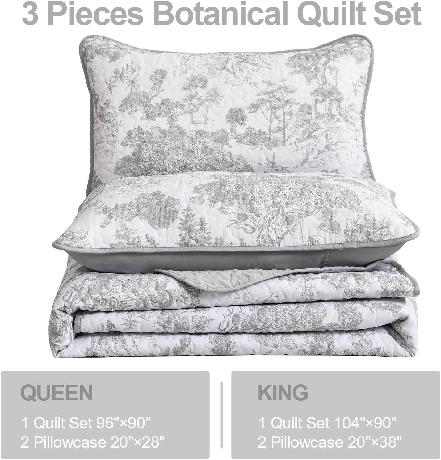 WONGS BEDDING Grey Quilt Set King Size 3-Piece