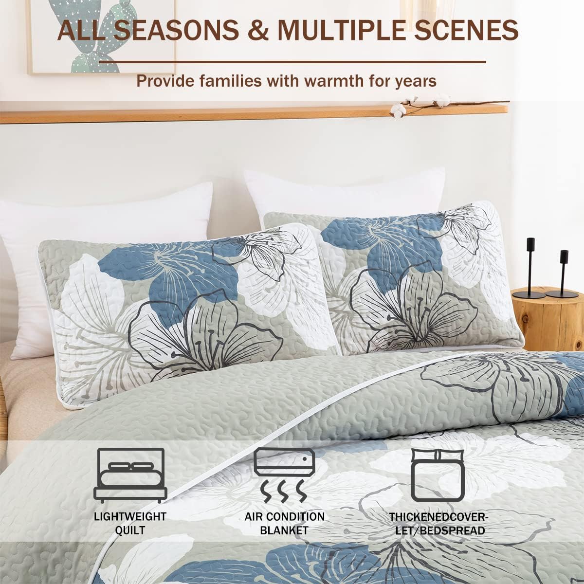 DJY 3 Piece King Quilt Set with Blue Floral Pattern