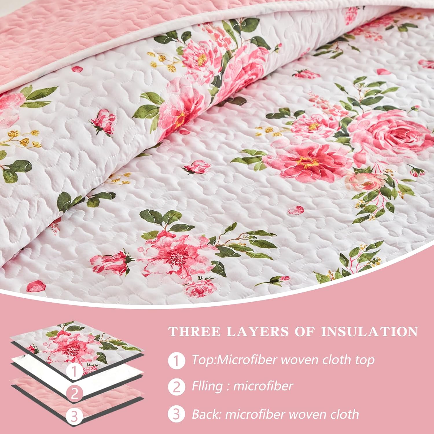 UOZZI BEDDING 3 Piece Reversible Flower Bedspread Set