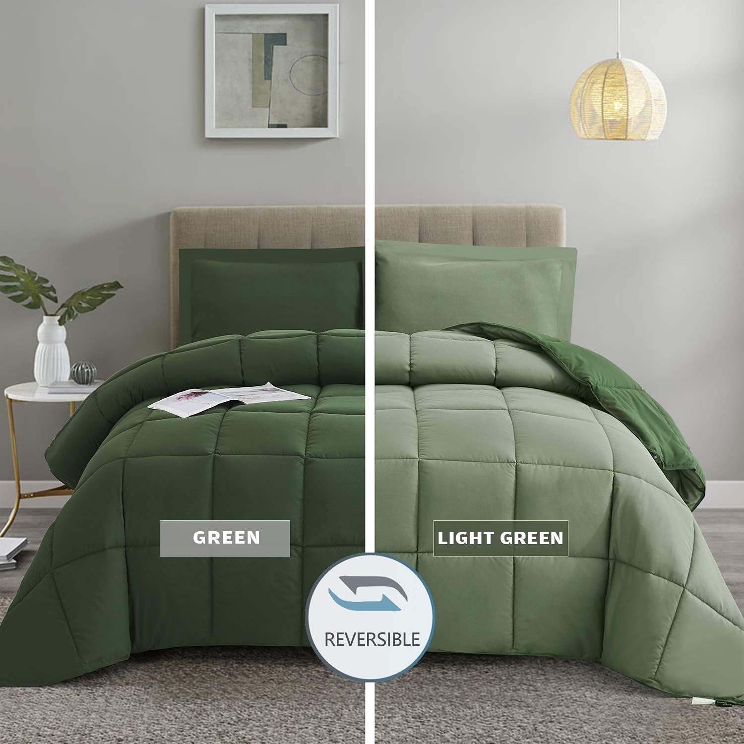 HIG 3pc Green Queen Comforter Set - Reversible Down Alternative Breathable Soft Fluffy