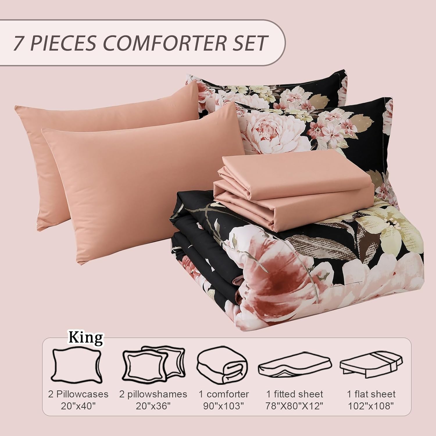 Dintszyayue 7-Piece King Comforter Set with Pink Floral Pattern