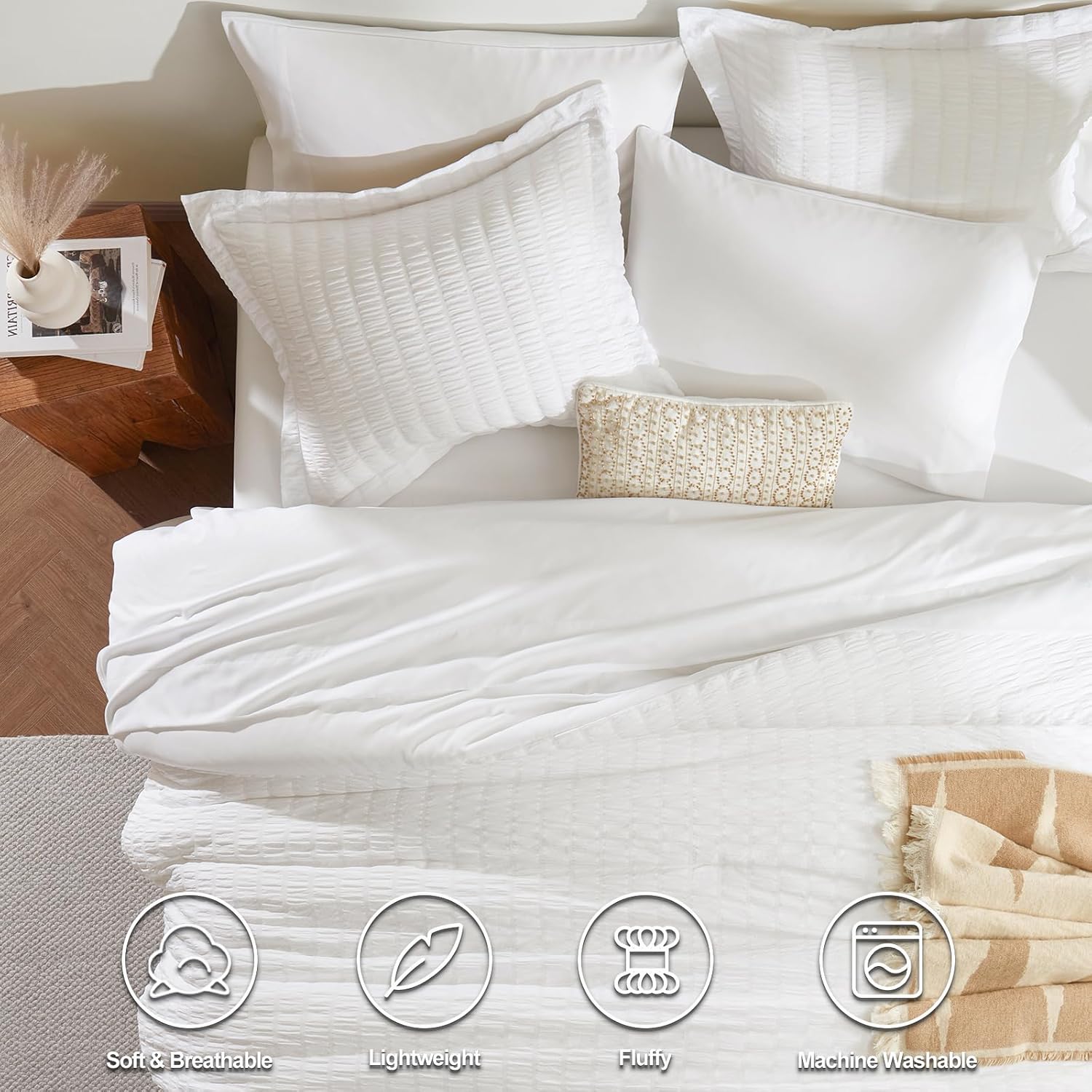CozyLux White Seersucker King Comforter Set 7-Piece Bed in a Bag