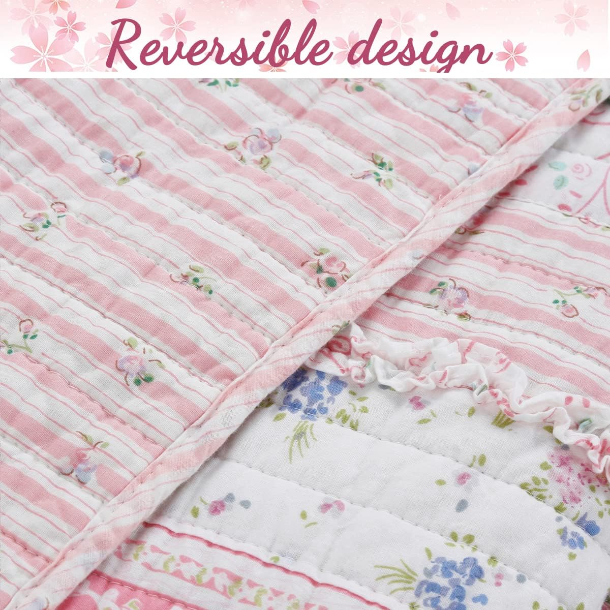 Cozy Line Pink Flower Lace Ruffle Stripe Quilt Bedding Set