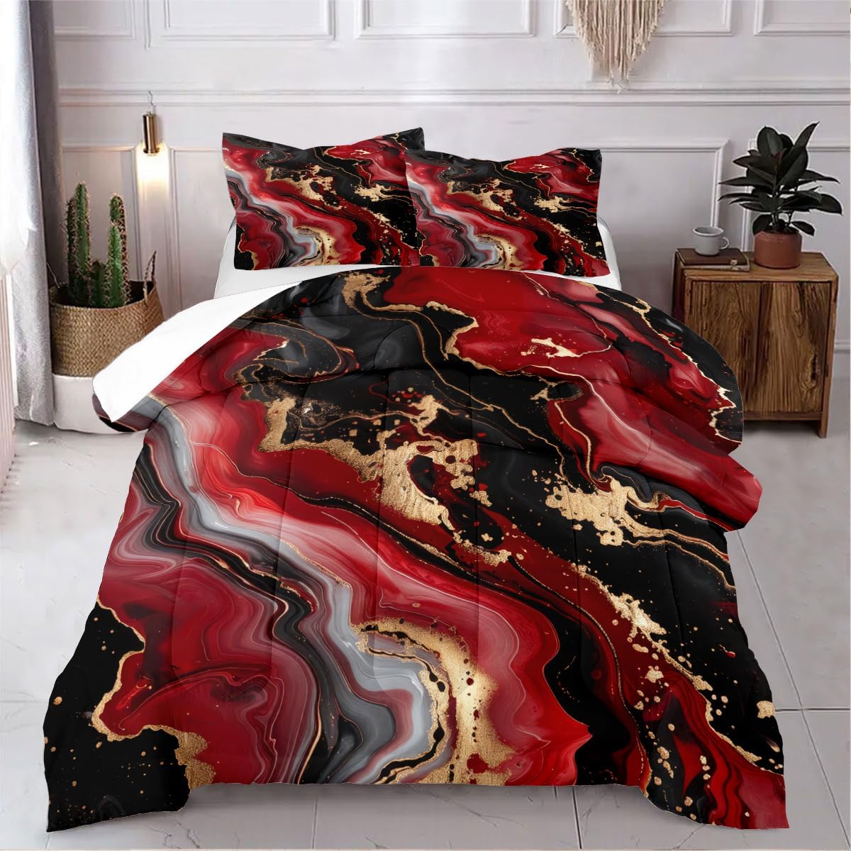 Red Black Marble Comforter Set King Size