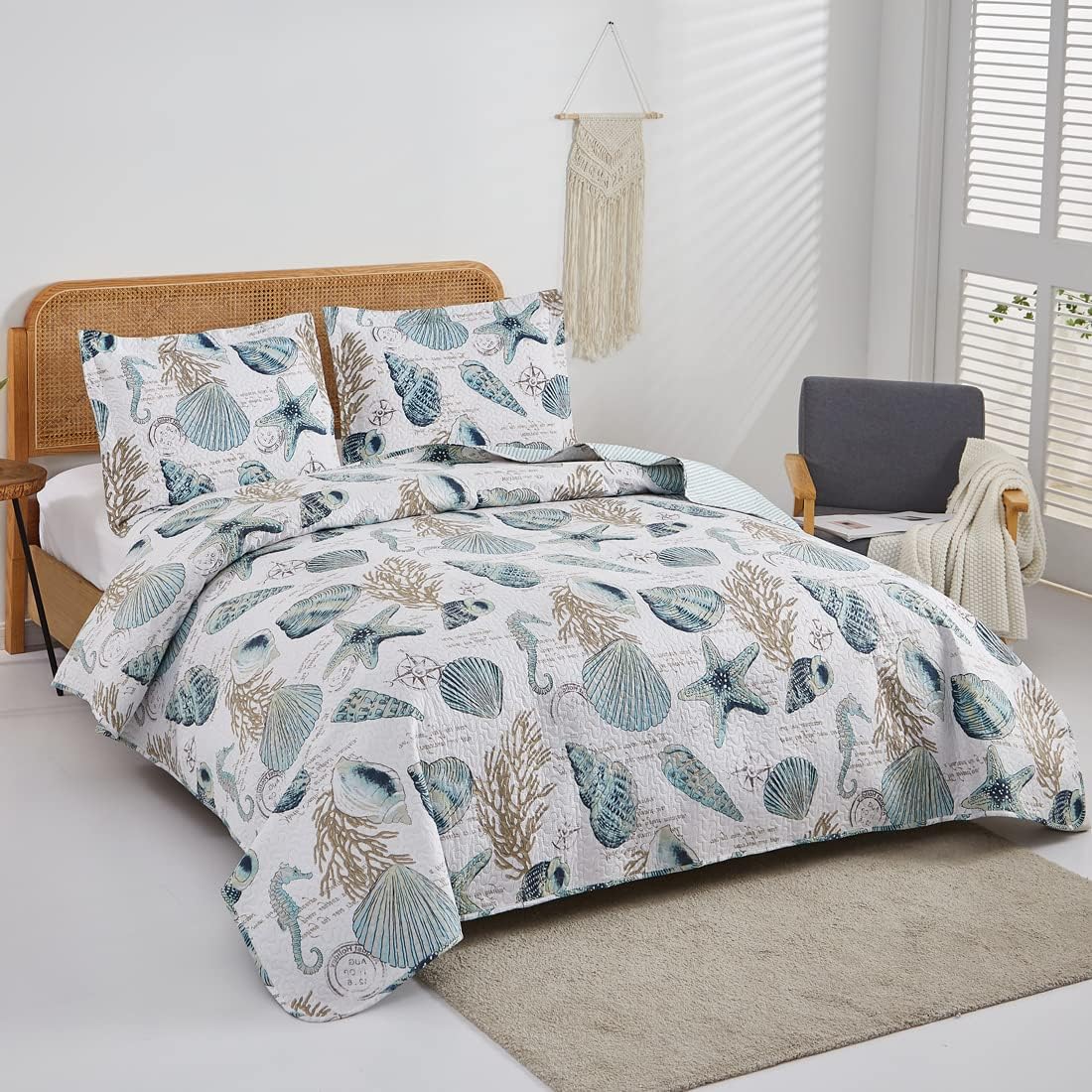 Oliven 3 Piece Ocean Themed Shell Quilt Set Queen Size