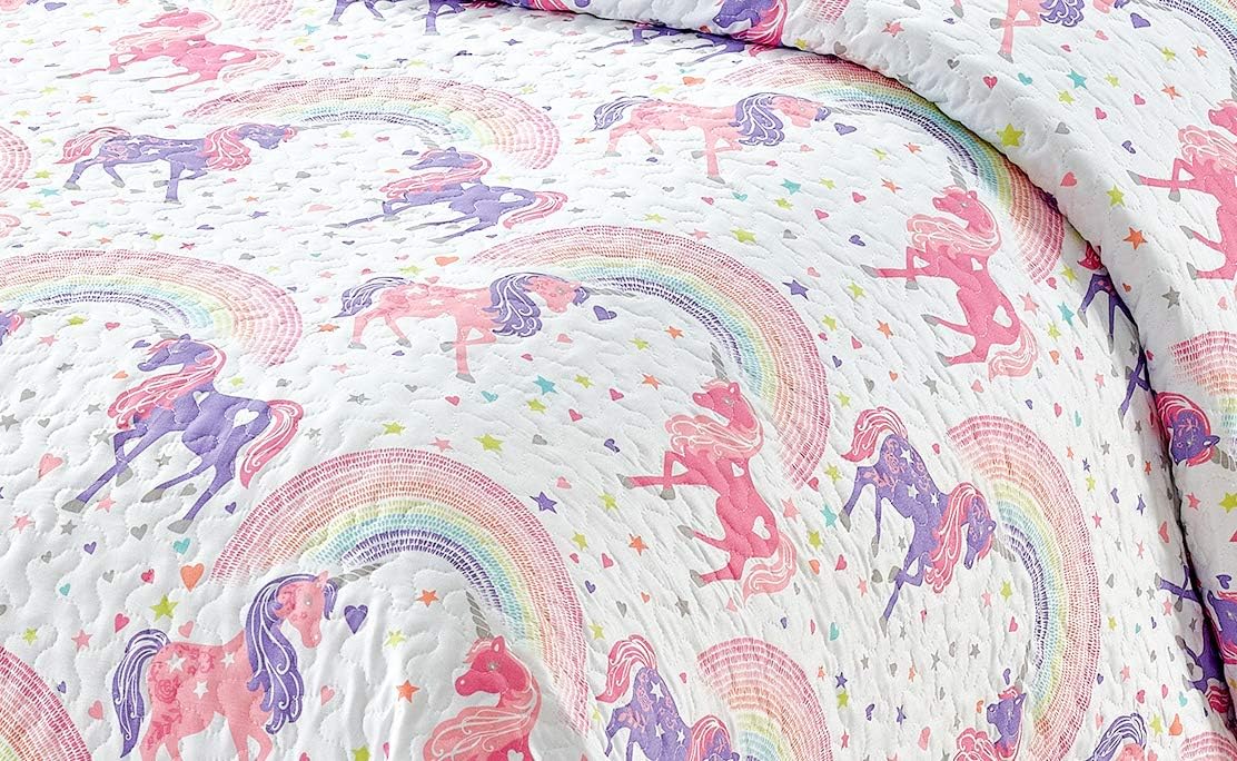 Kids Zone Unicorn Stars Hearts Rainbow Twin Bedspread Set