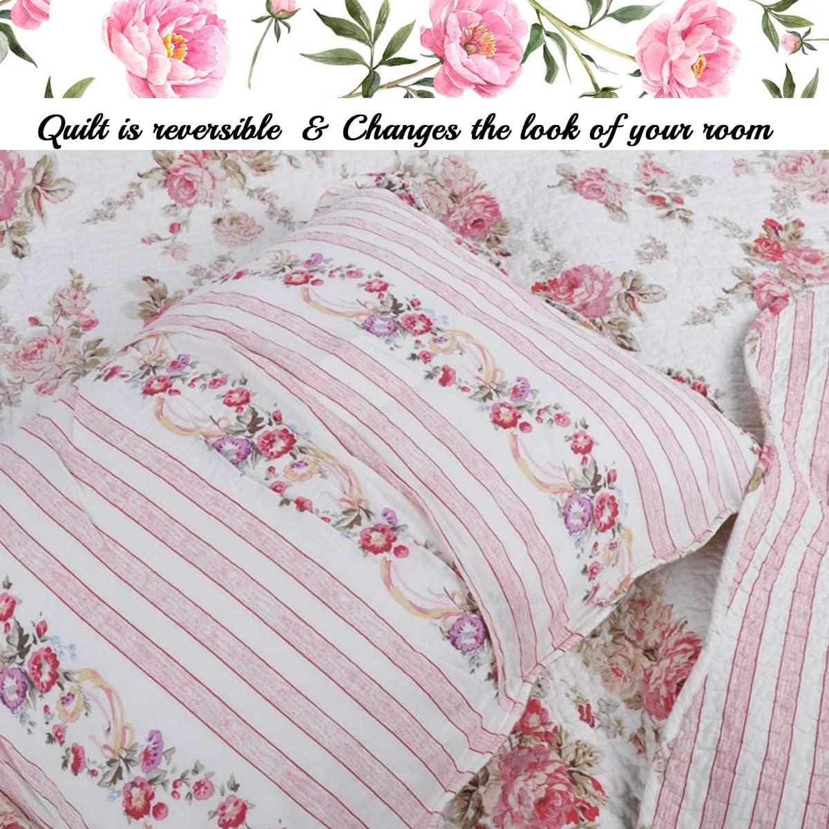 Cozy Line Romantic Pink Peony Reversible Quilt Set