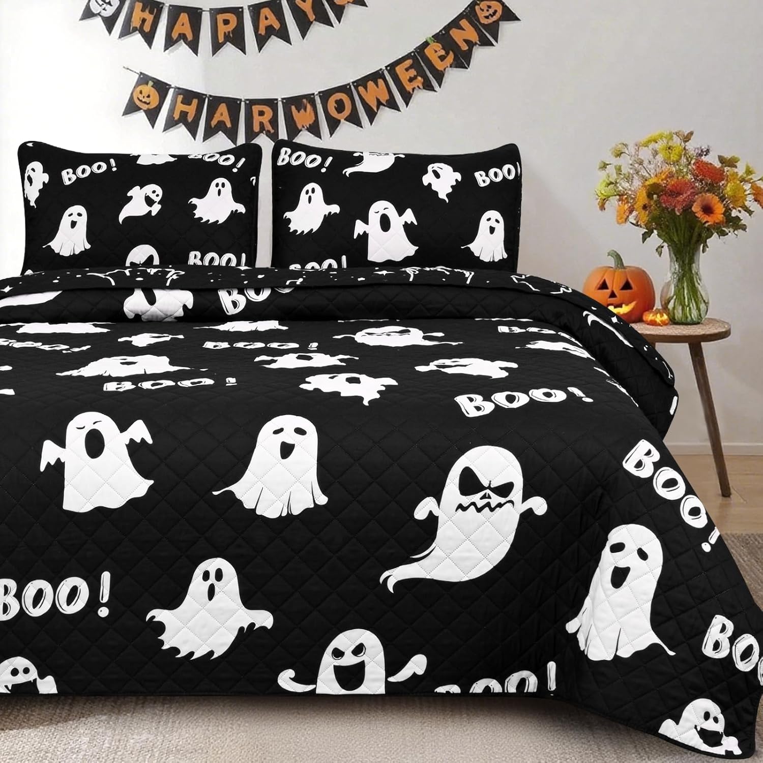 ASPMIZ Halloween Queen Quilt Set 90x90 Reversible Black Ghost Comforter