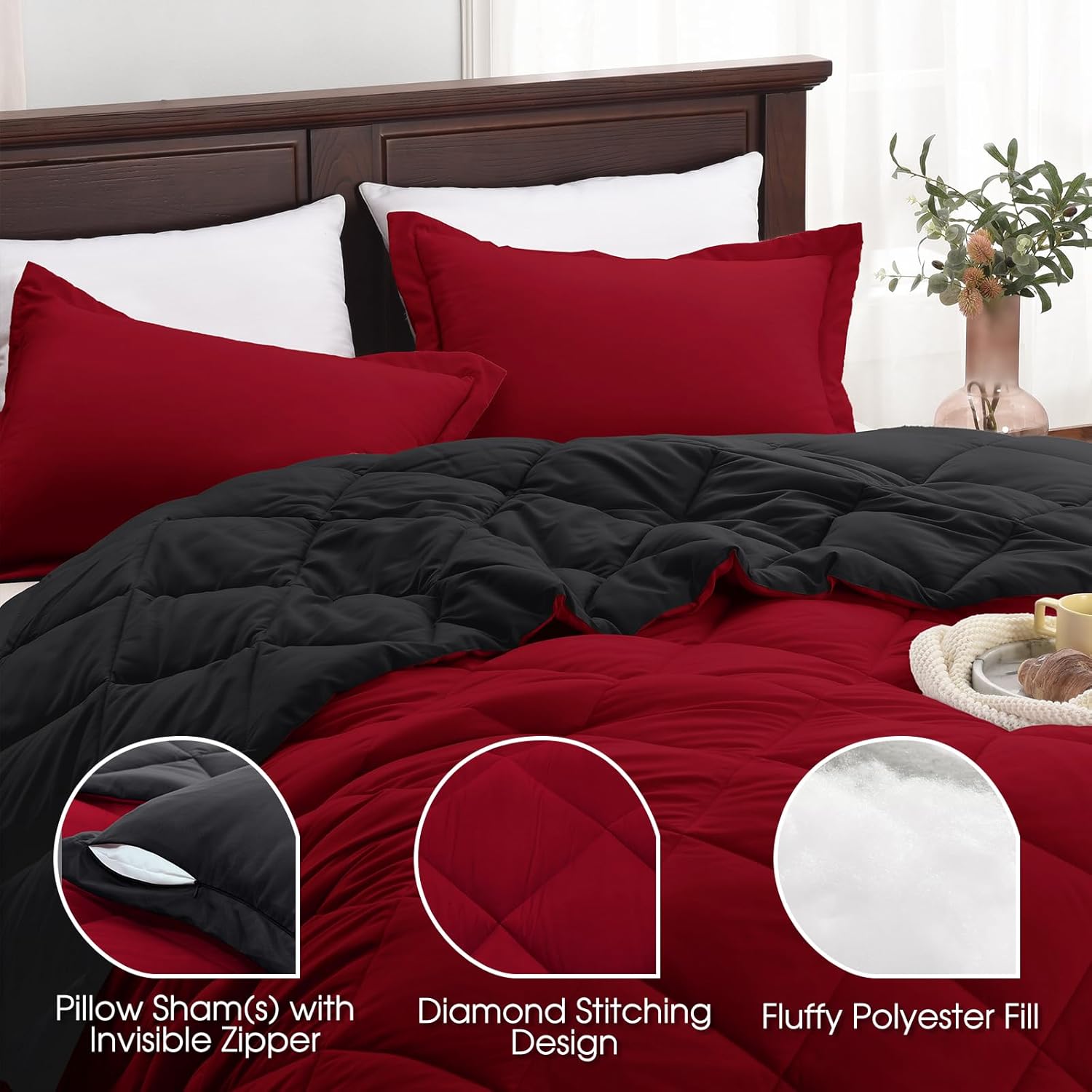 Basic Beyond Queen Comforter Set Red and Black Reversible