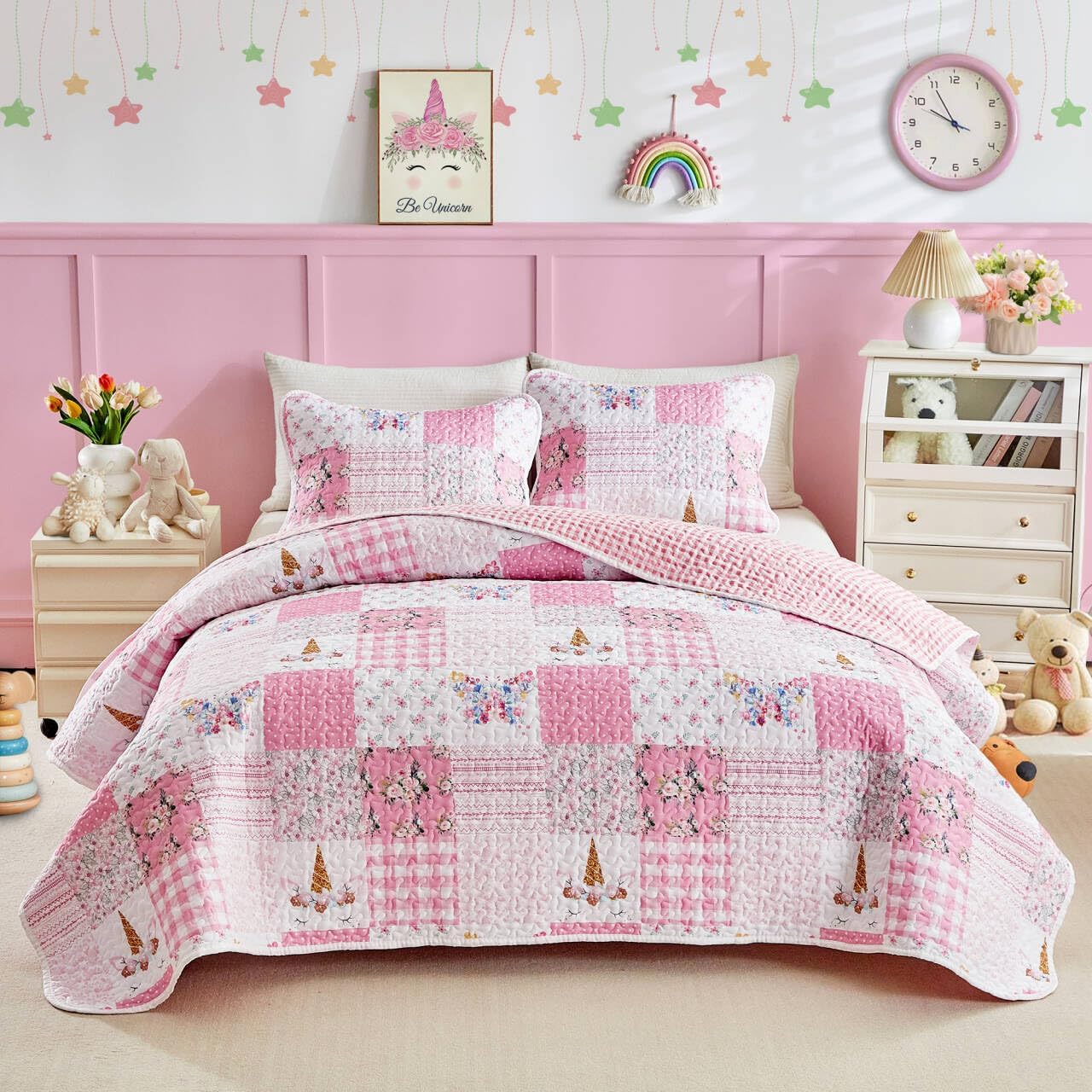 Joyreap Twin Quilt Set for Girls Pink Butterflies Flowers Design