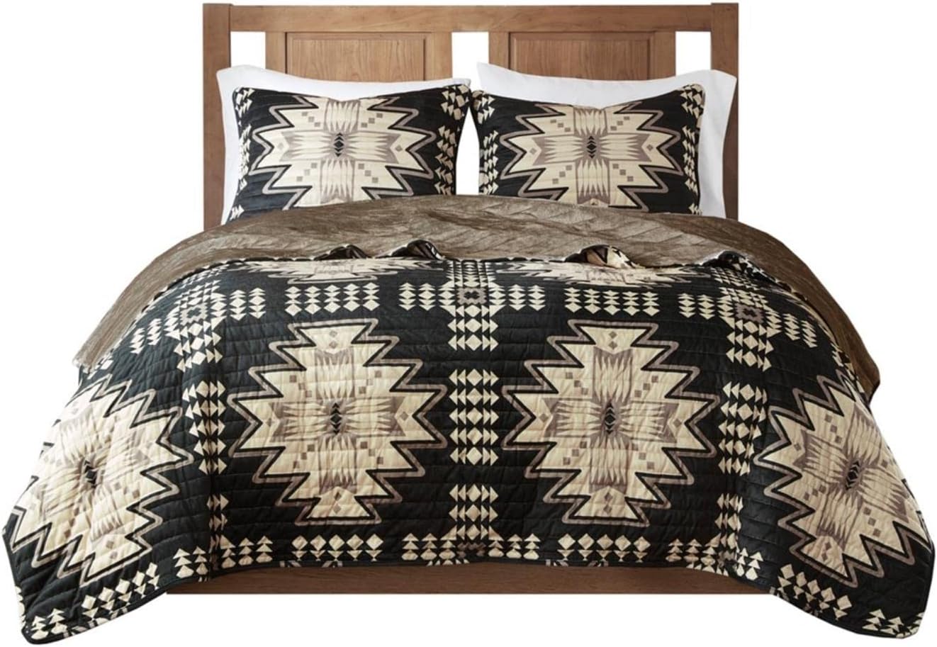 Woolrich Sierra Oversized Quilt Set - Aztec Print Tan Black 3 Piece