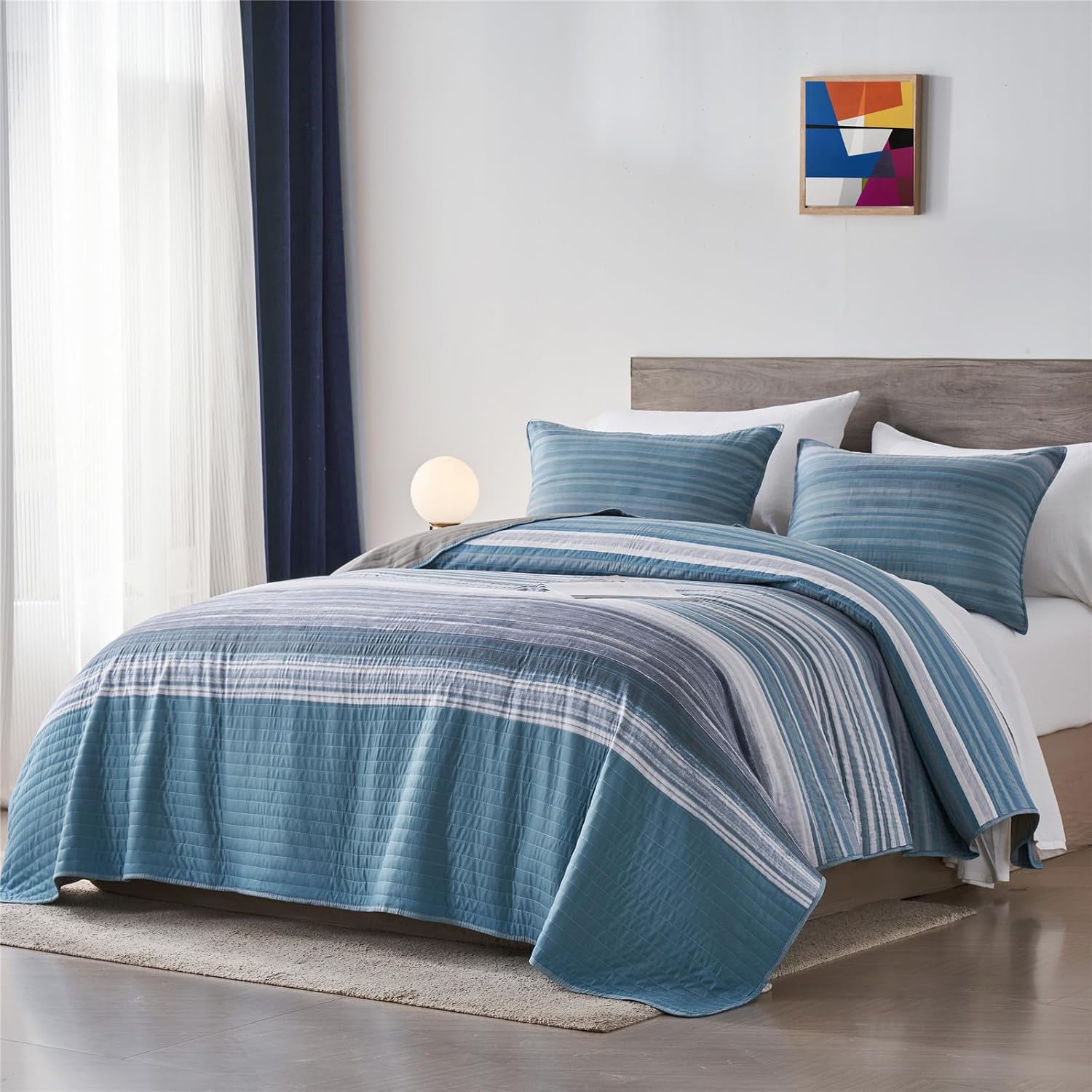 KAKIJUMN KingCal King Quilt Bedding Set White Grey Blue Striped Design