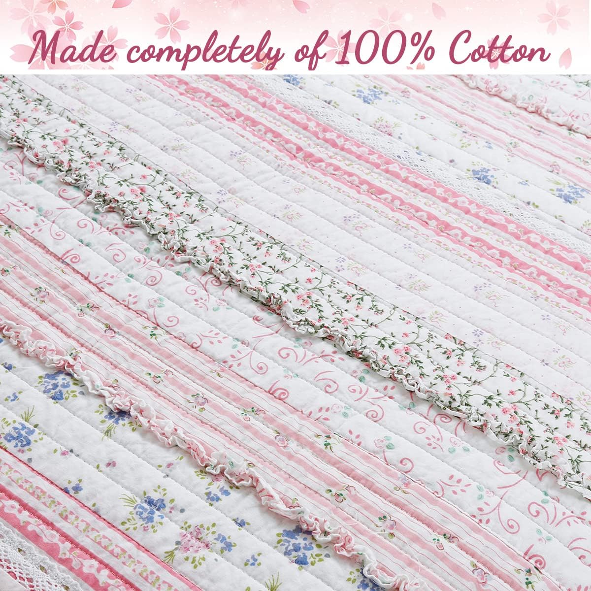Cozy Line Pink Flower Lace Ruffle Stripe Quilt Bedding Set