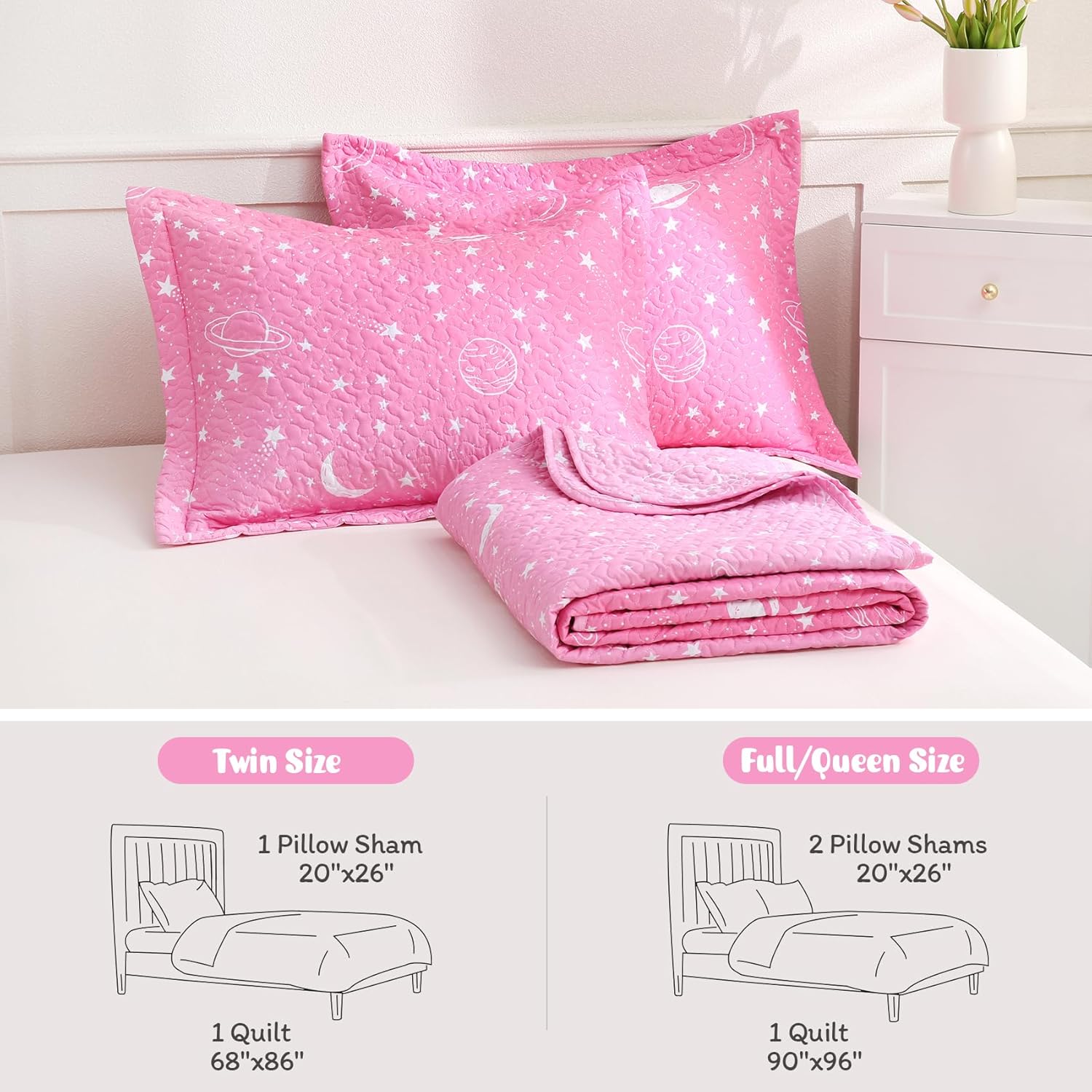 JSD Gradient Pink Stars Kids Quilt Set Full Queen Space Theme