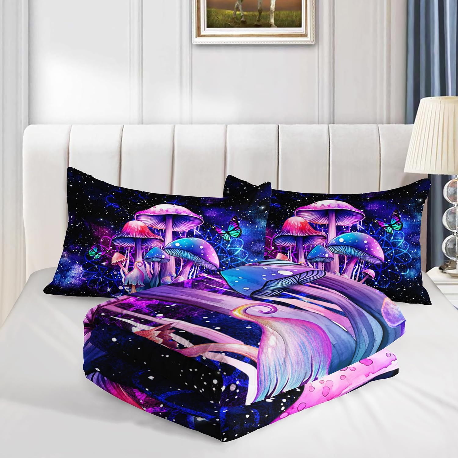 Fantasy Mushrooms Comforter Set Full - 3 Pieces Violet Down Alternative Quilt Bedding