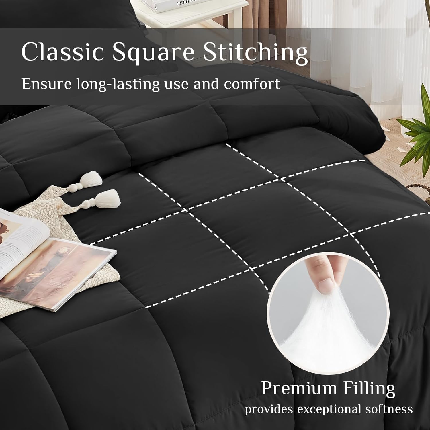 JOLLYVOGUE Queen Comforter Set 7-Piece Black Bed in a Bag