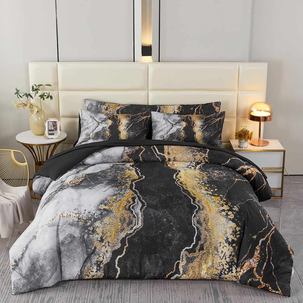 PERFEMET 6pcs Full Bed Comforter Set with Marble Print Design