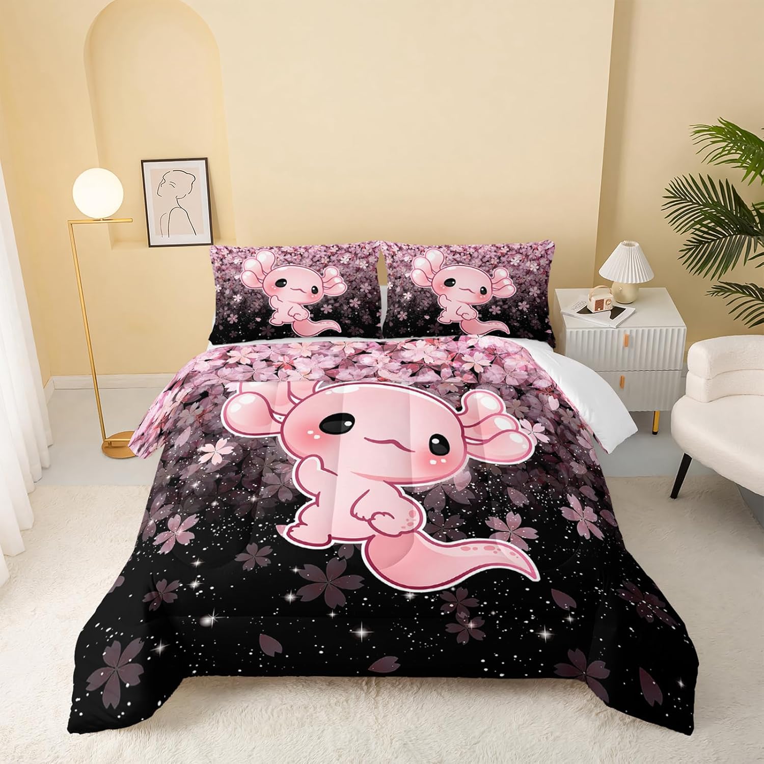 QOOMO Kawaii Axolotl Comforter Set Twin Size Pink Cherry Blossom