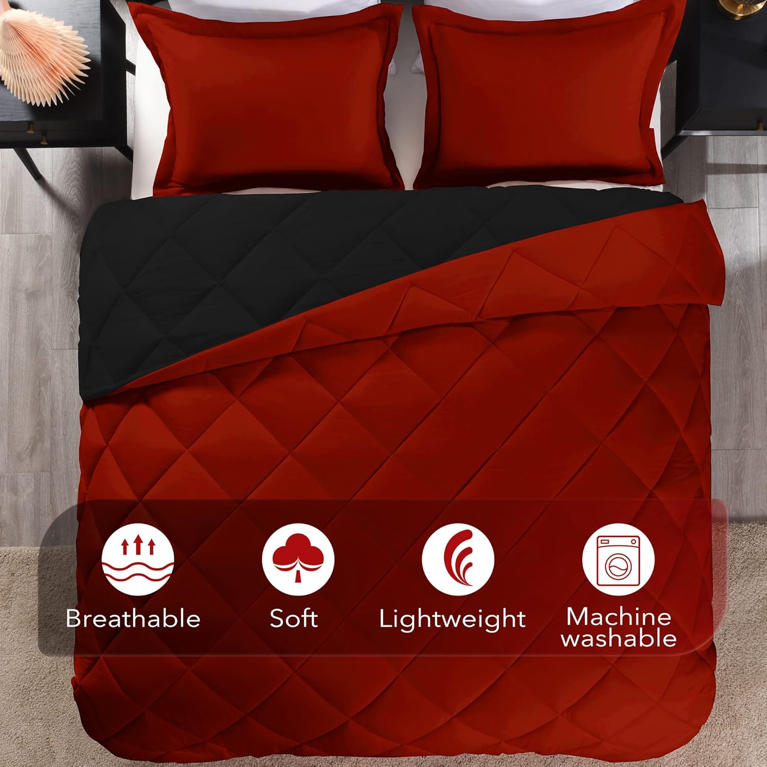Downluxe King Size Comforter Set - Red and Black 3 Piece