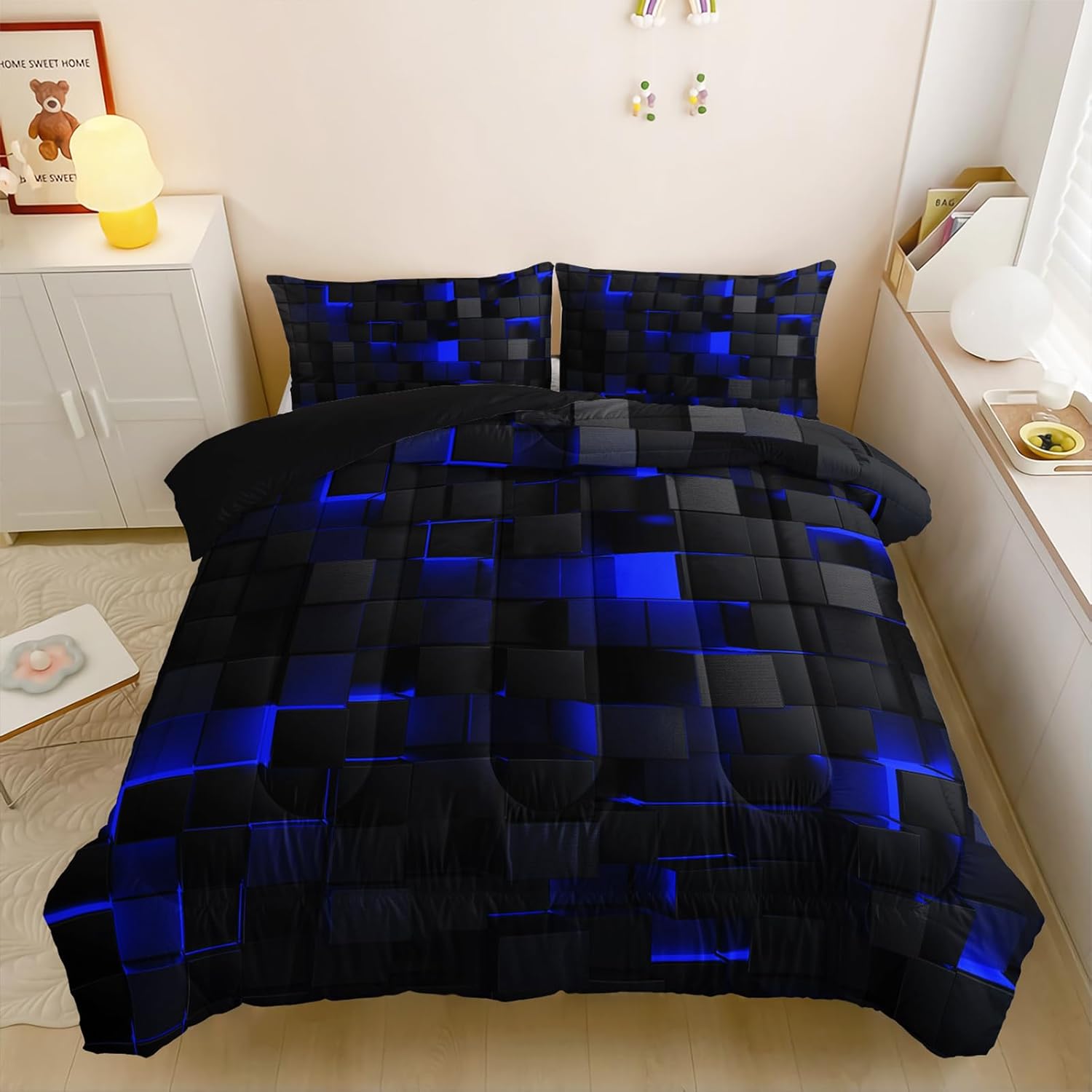 Nttopship Neon Blue Black Comforter Set Twin