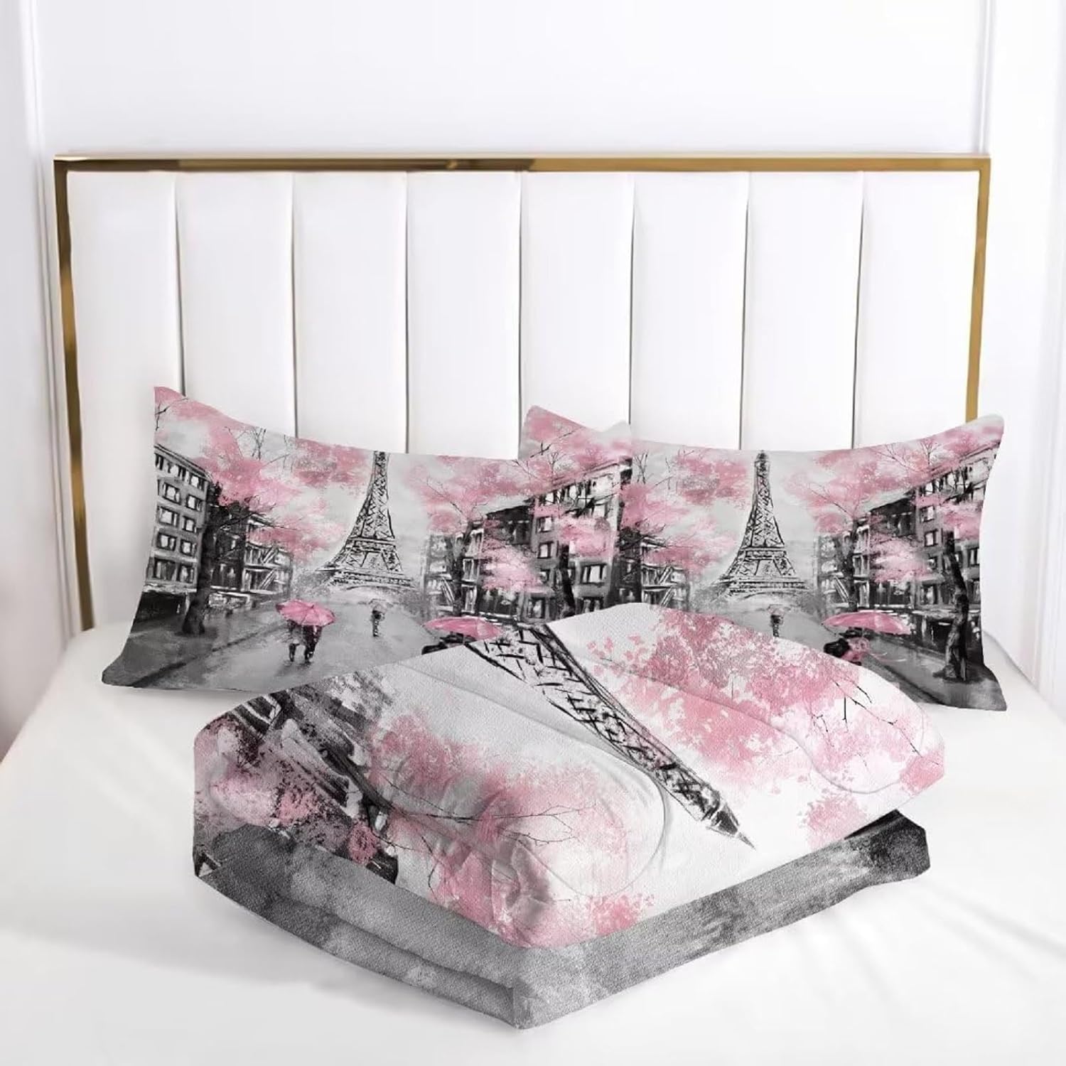 Pink Paris Eiffel Tower Comforter Set for Girls Women Kids