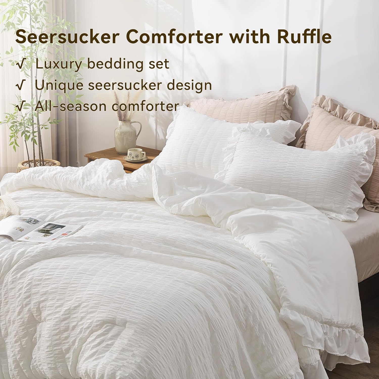 JOLLYVOGUE Queen Comforter Set 3 Pieces Seersucker