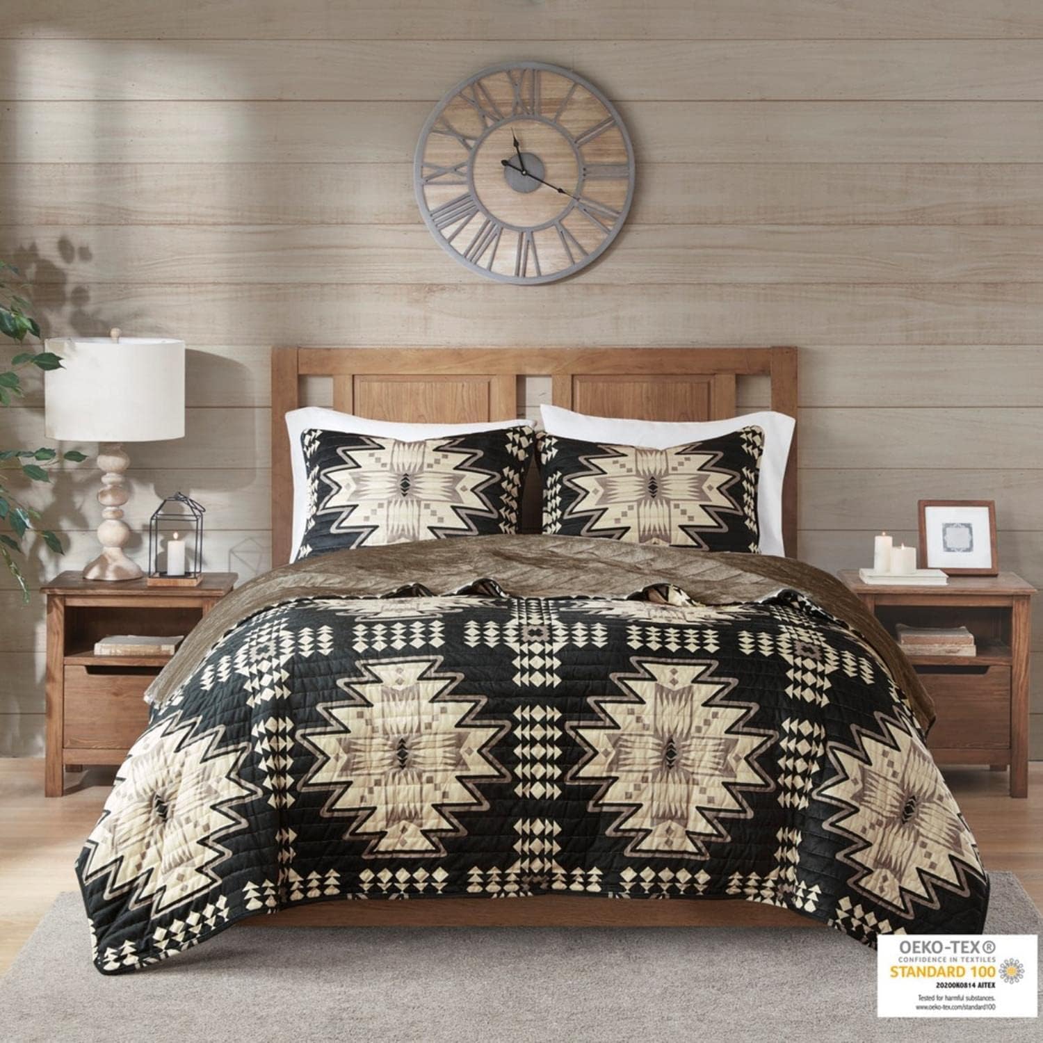 Woolrich Sierra Oversized Quilt Set - Aztec Print Tan Black 3 Piece