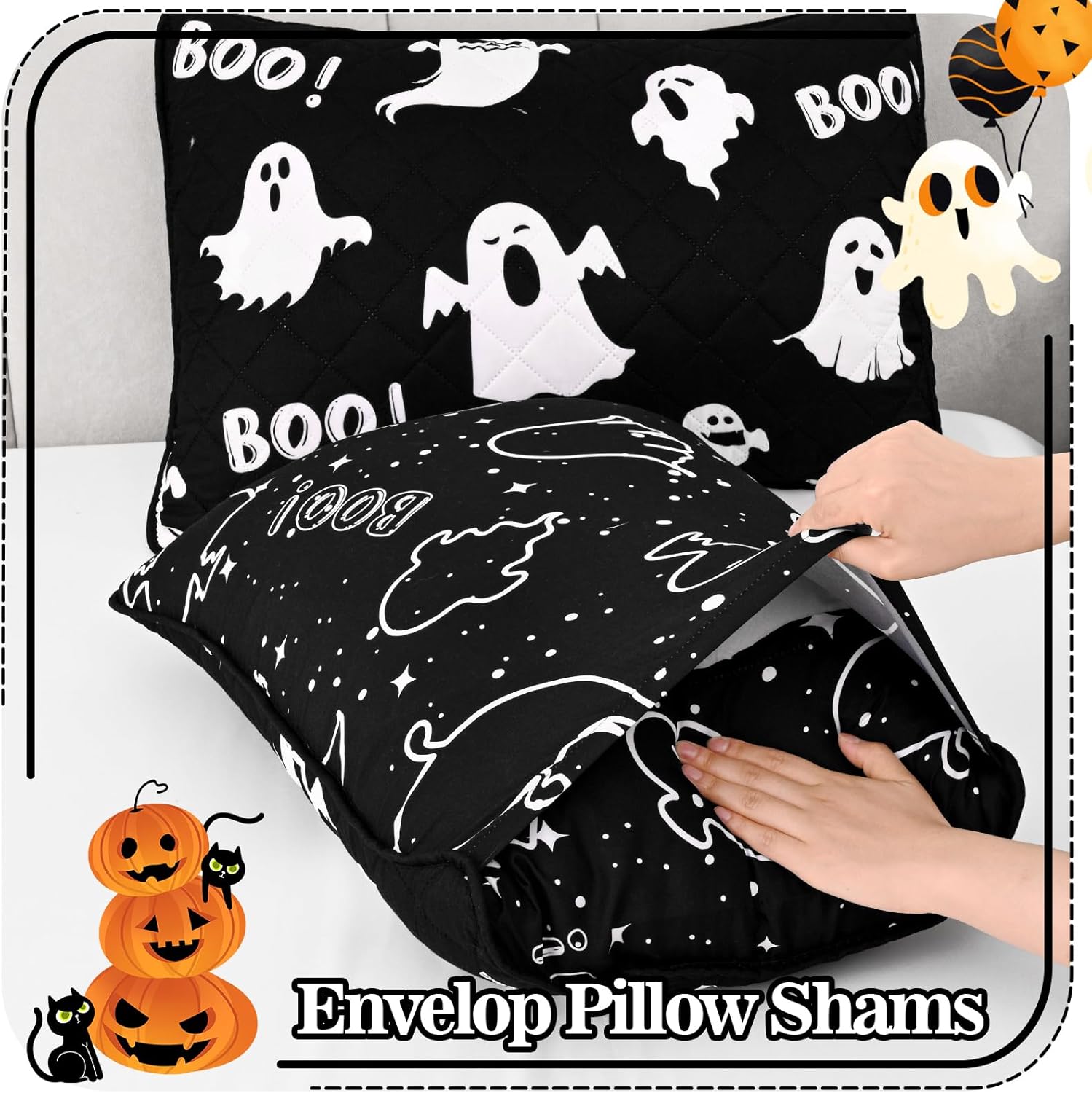 ASPMIZ Halloween Queen Quilt Set 90x90 Reversible Black Ghost Comforter