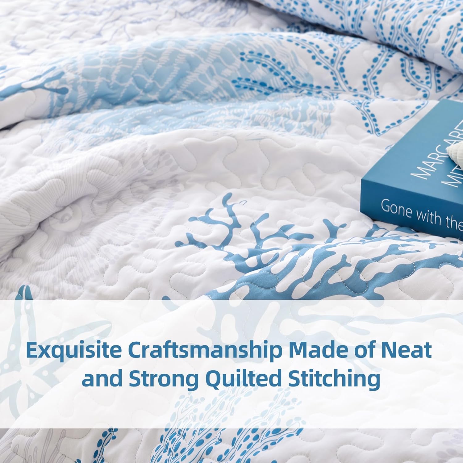 Weigelia Coastal Quilts Queen Bedding Set - Blue Nautical Comforter with Pillow Cases