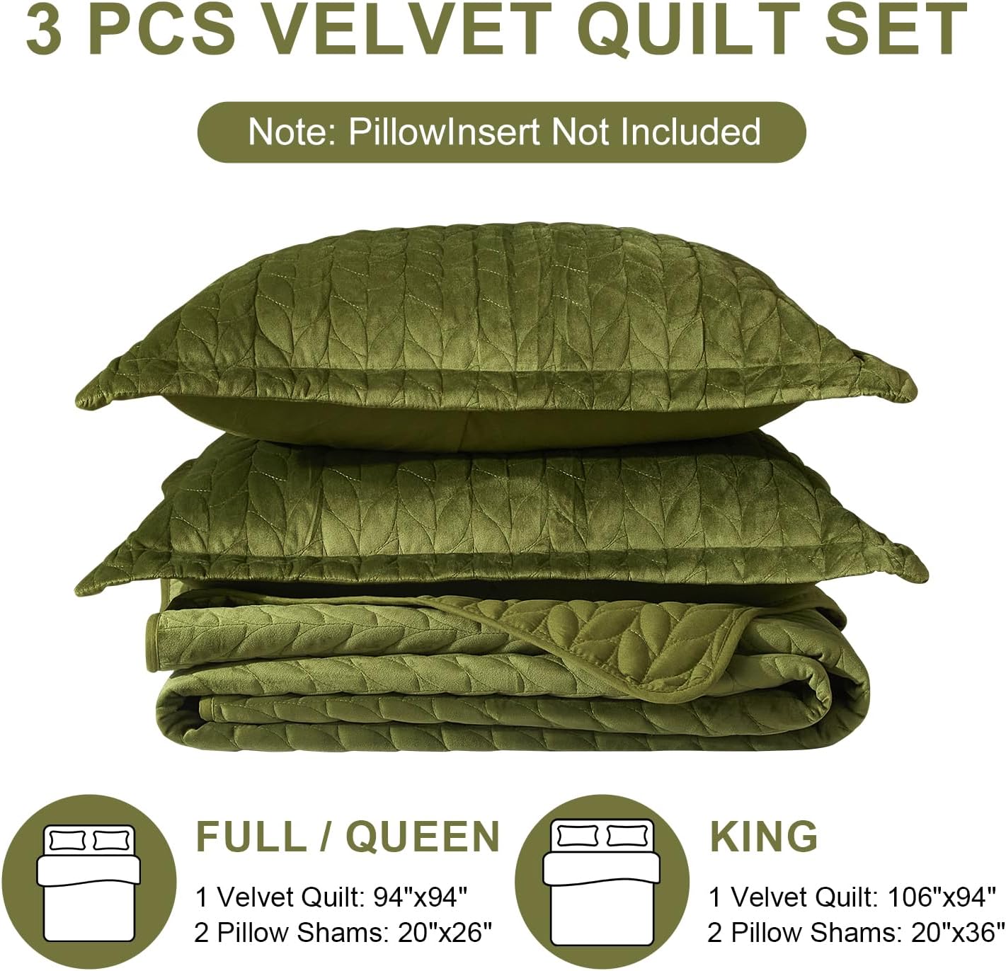 Ivellow Velvet Quilt Set King Size Green