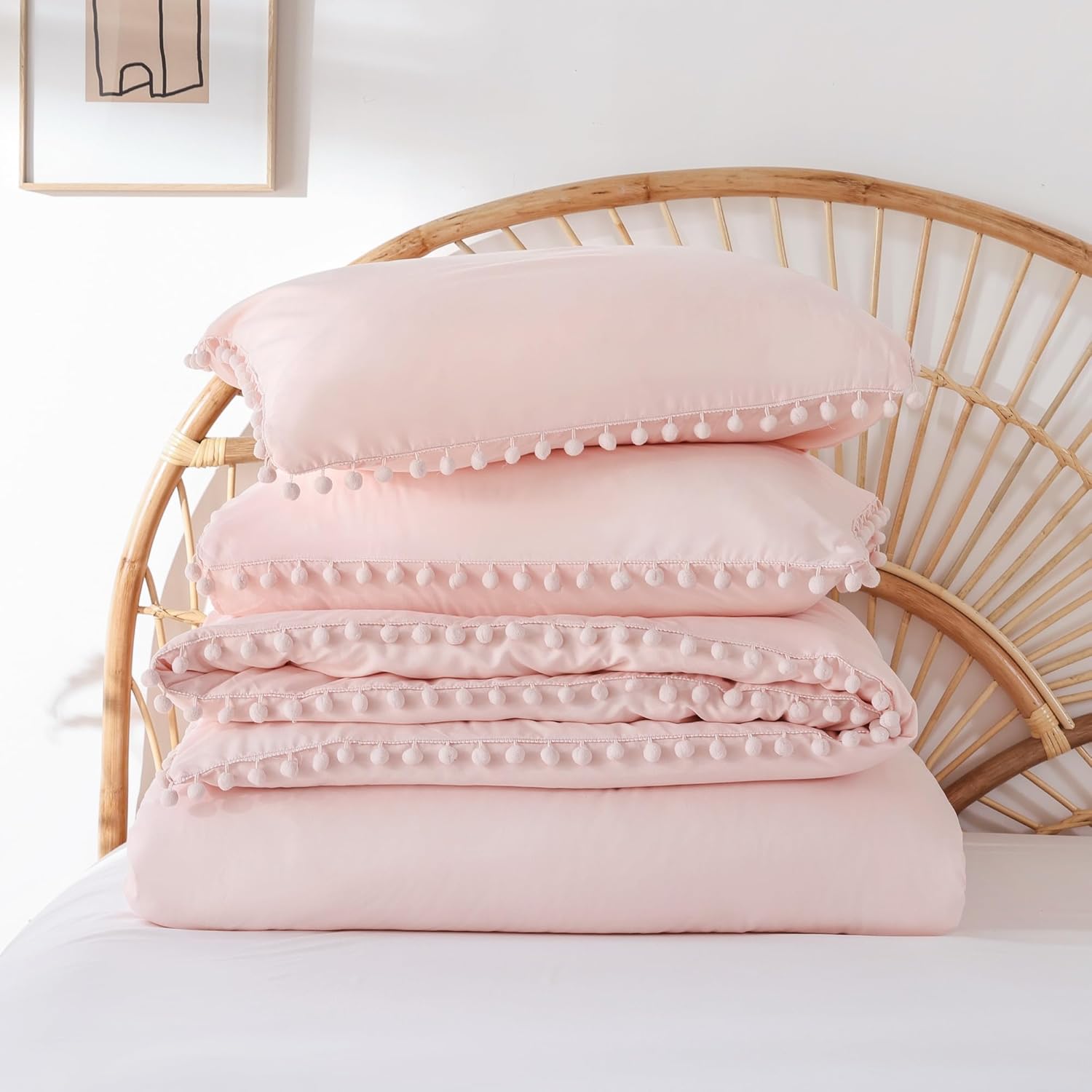 YIRDDEO Queen Comforter Set - 3 Piece with Pom Fringe Blush