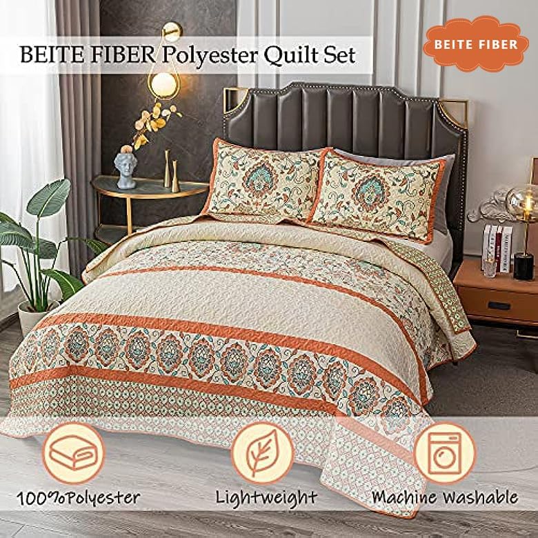 BEITE FIBER Bohemian King Quilt Set 3 Pieces Red