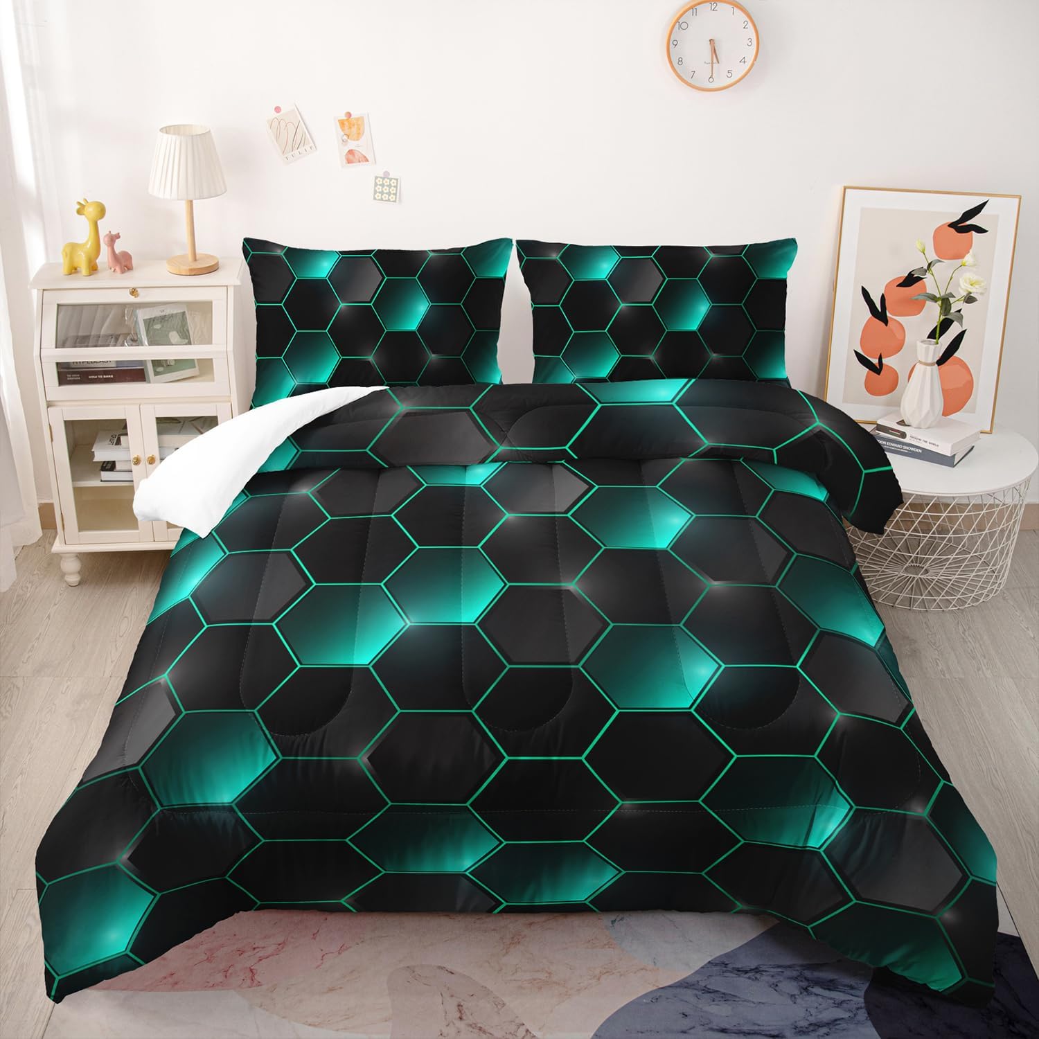 Geometric Black Green Neon Comforter Set 3 Piece