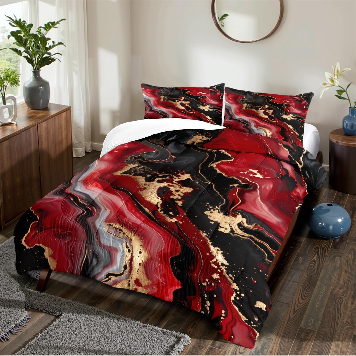 Red Black Marble Comforter Set King Size