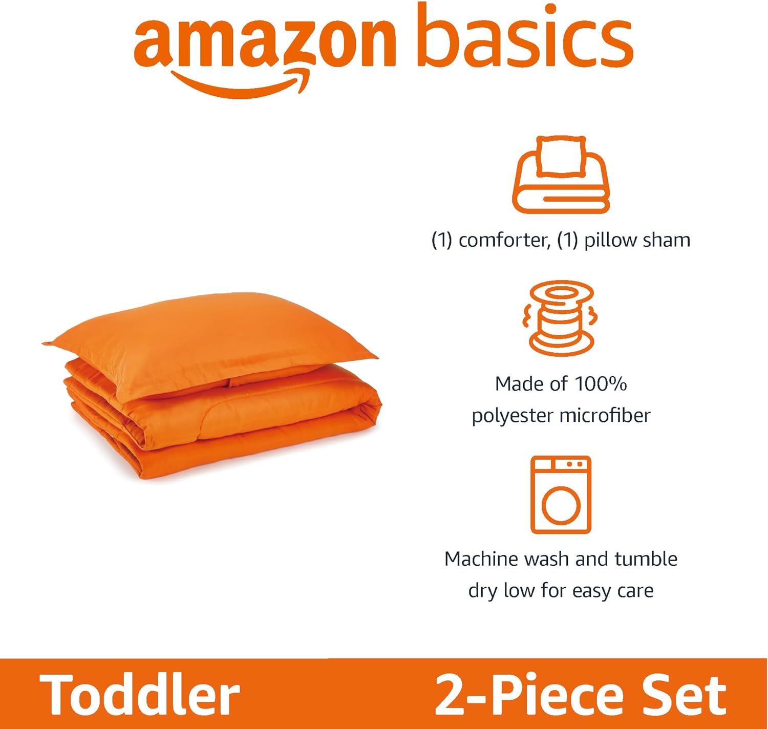 Amazon Basics Toddler Comforter and Pillow Sham Set Bright Orange