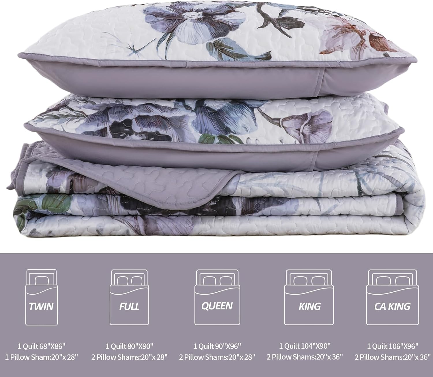 Drucon Purple Floral Quilt Set Queen 3 Pieces