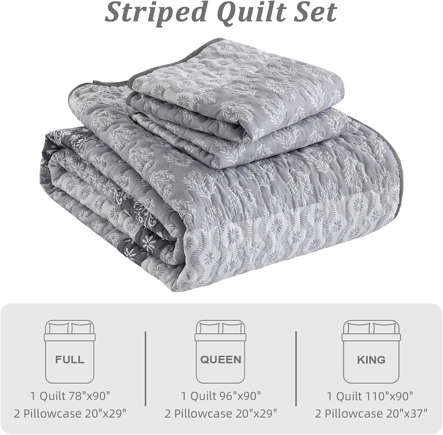 Boho Quilt Set Full Size Gray Striped Bedding 3 Pieces