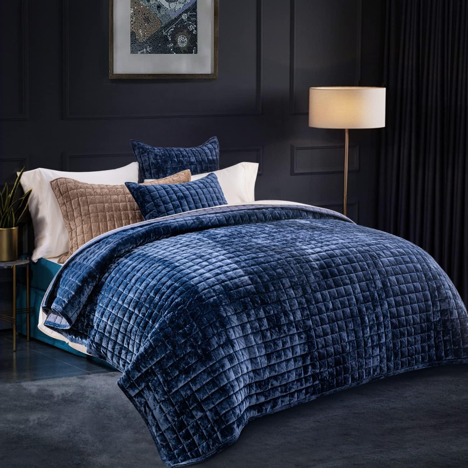 RECYCO Luxury Velvet Quilt Set King Size Navy Blue 1