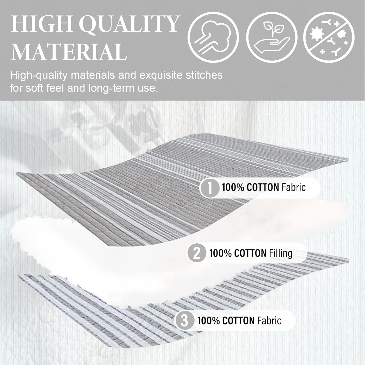 SahSahCasa Queen Quilt Set 3-Piece GrayWhite