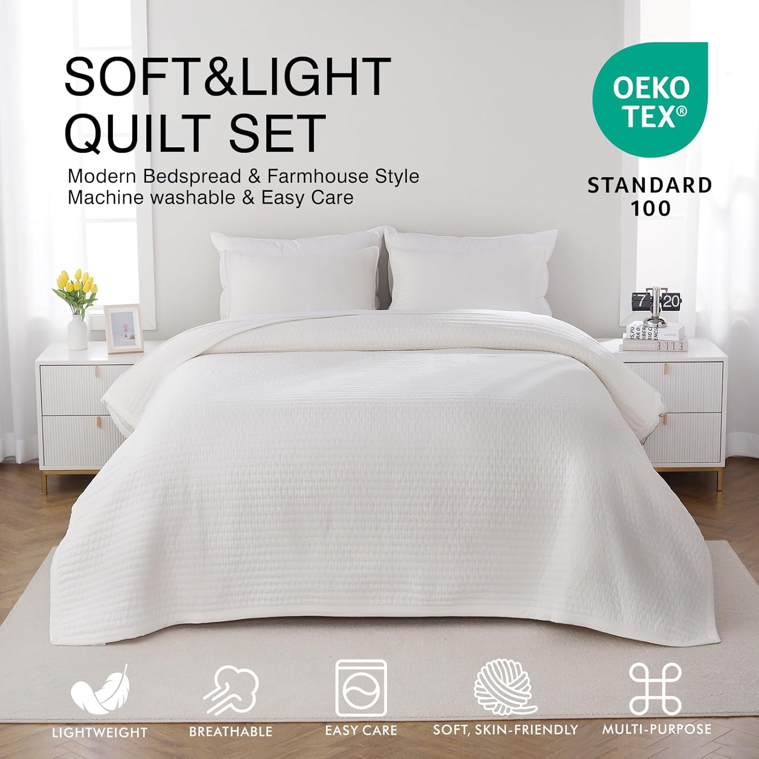 DAWNDIOR Queen Quilt Set 90x90 Ivory 3 Layer Lightweight