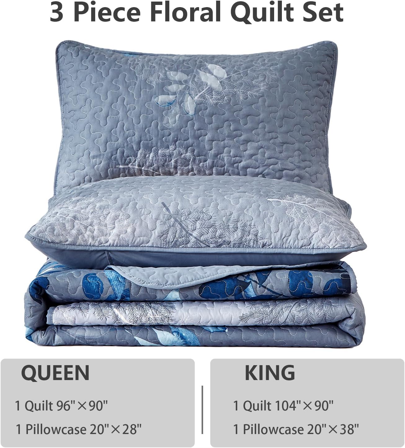 WONGS BEDDING Blue Floral Quilt Set King Size 3 Pieces