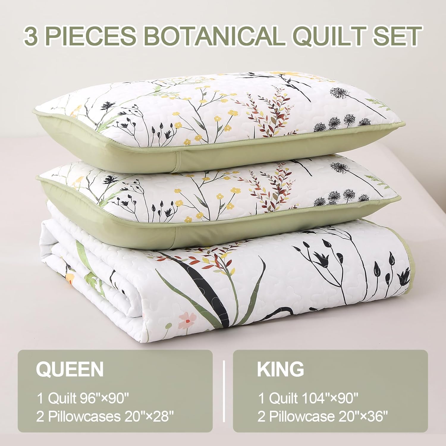 Dobuyly Sage Green Botanical Quilt Set Queen Size